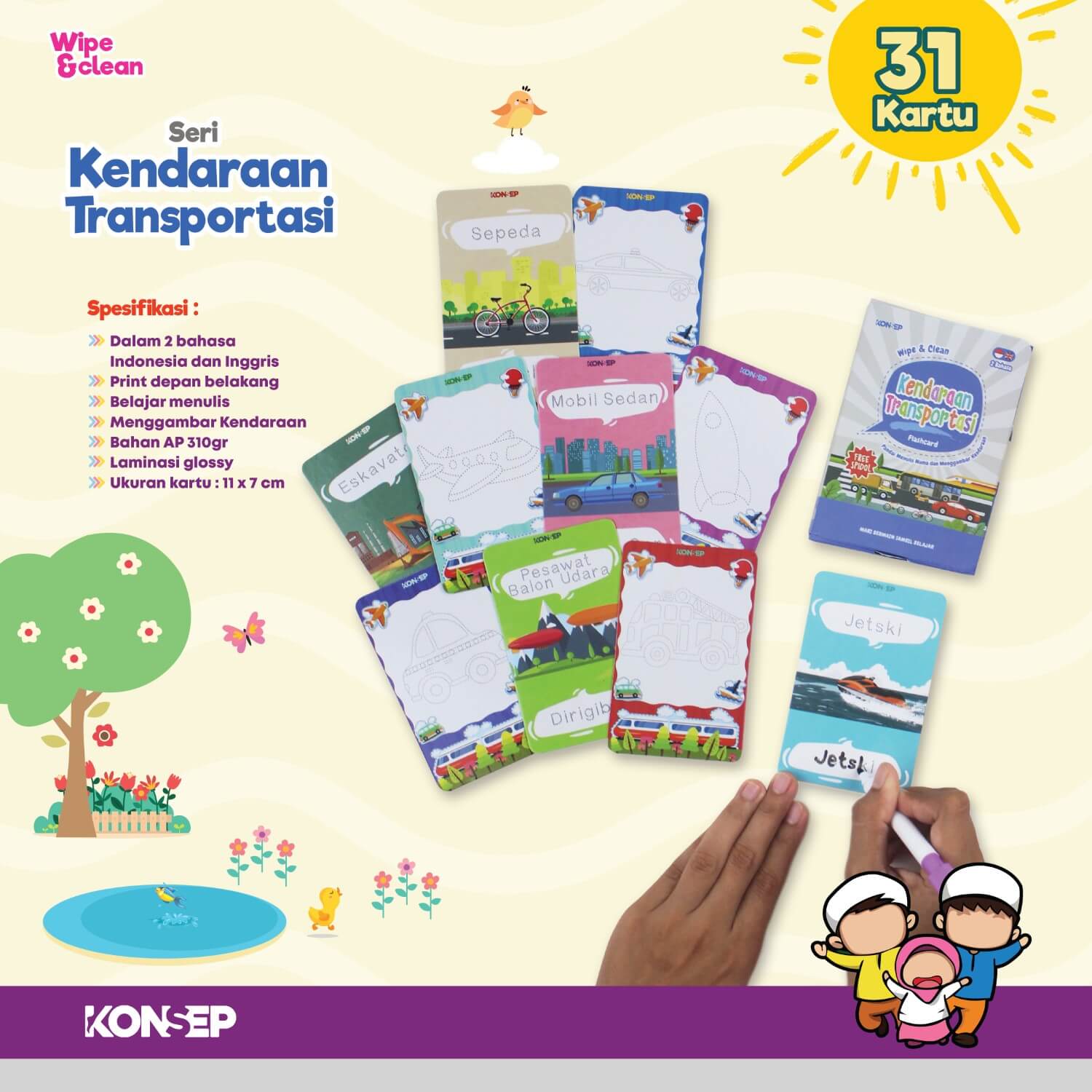 Flash Card Wipe & Clean Kendaraan Transportasi - Kartu Belajar Anak Bergambar - Konsep Studio